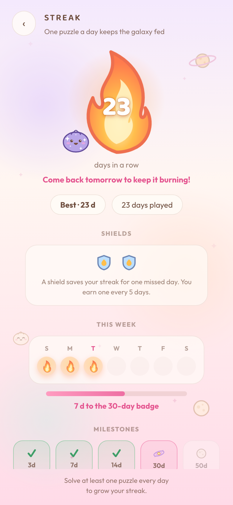 Streak screen with milestones